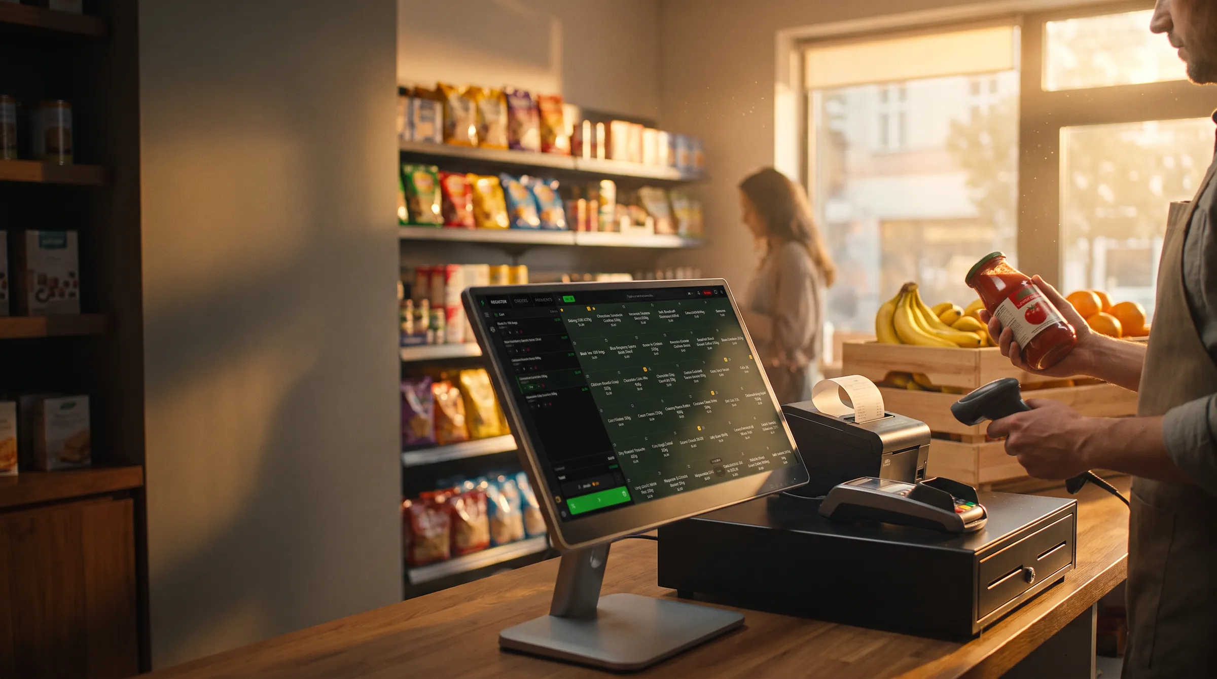 A corner shop at golden hour: the counter with a SPEEDPOS screen, receipt printer, cash drawer and barcode scanner