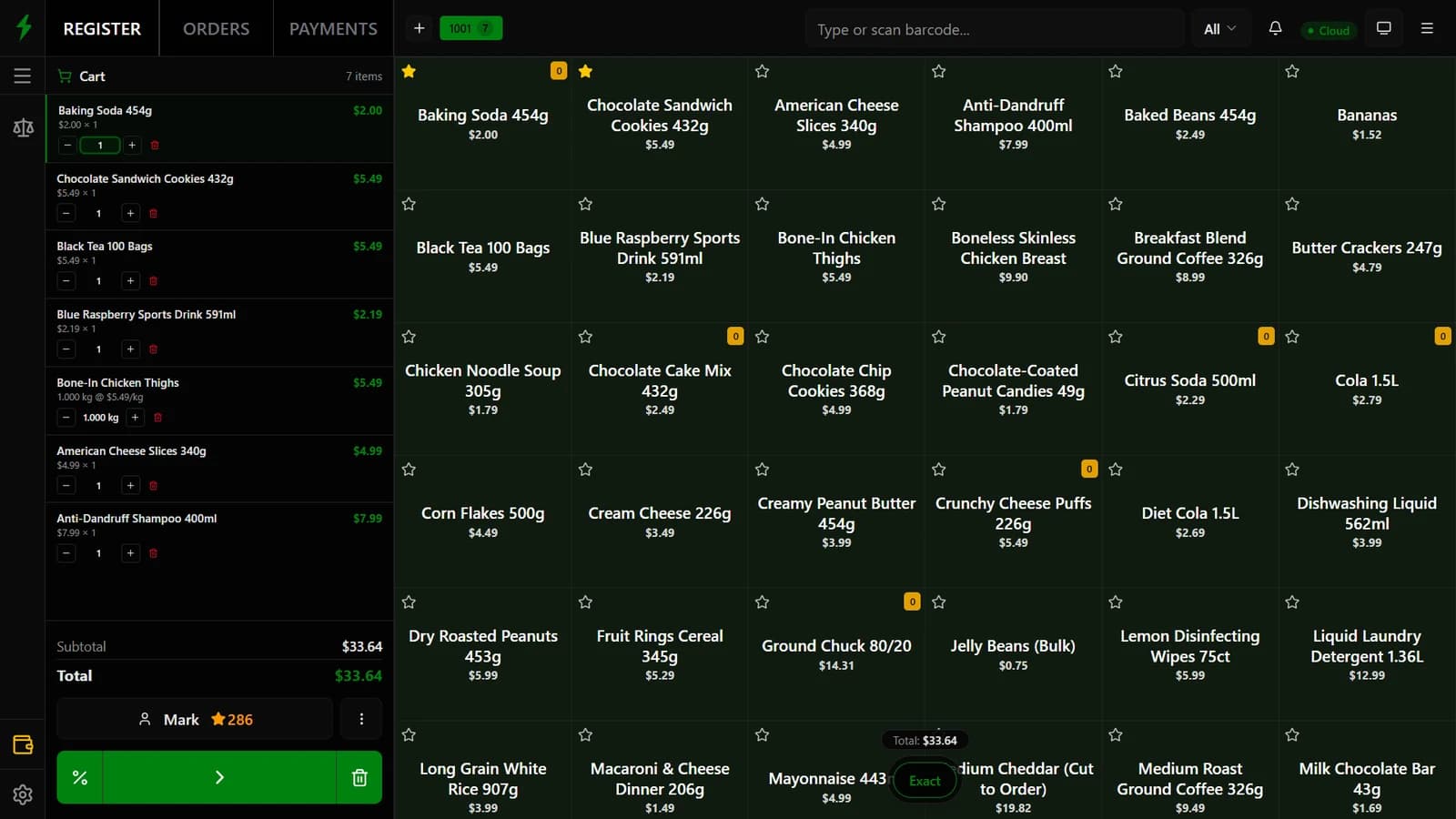 The SPEEDPOS register: a cart of seven items on the left, a grid of products on the right
